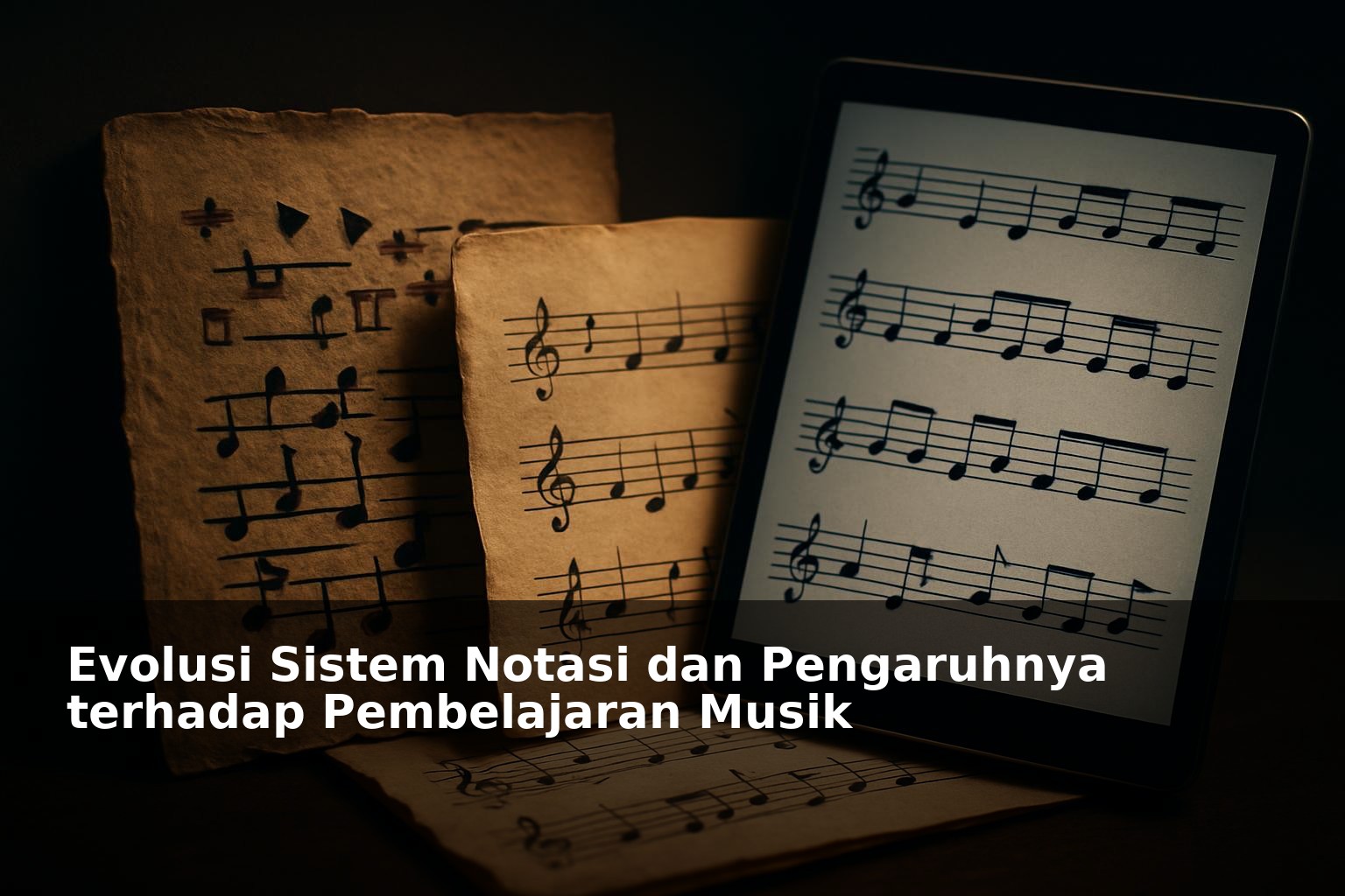 Visual ilustrasi evolusi sistem notasi musik dari zaman kuno hingga modern
