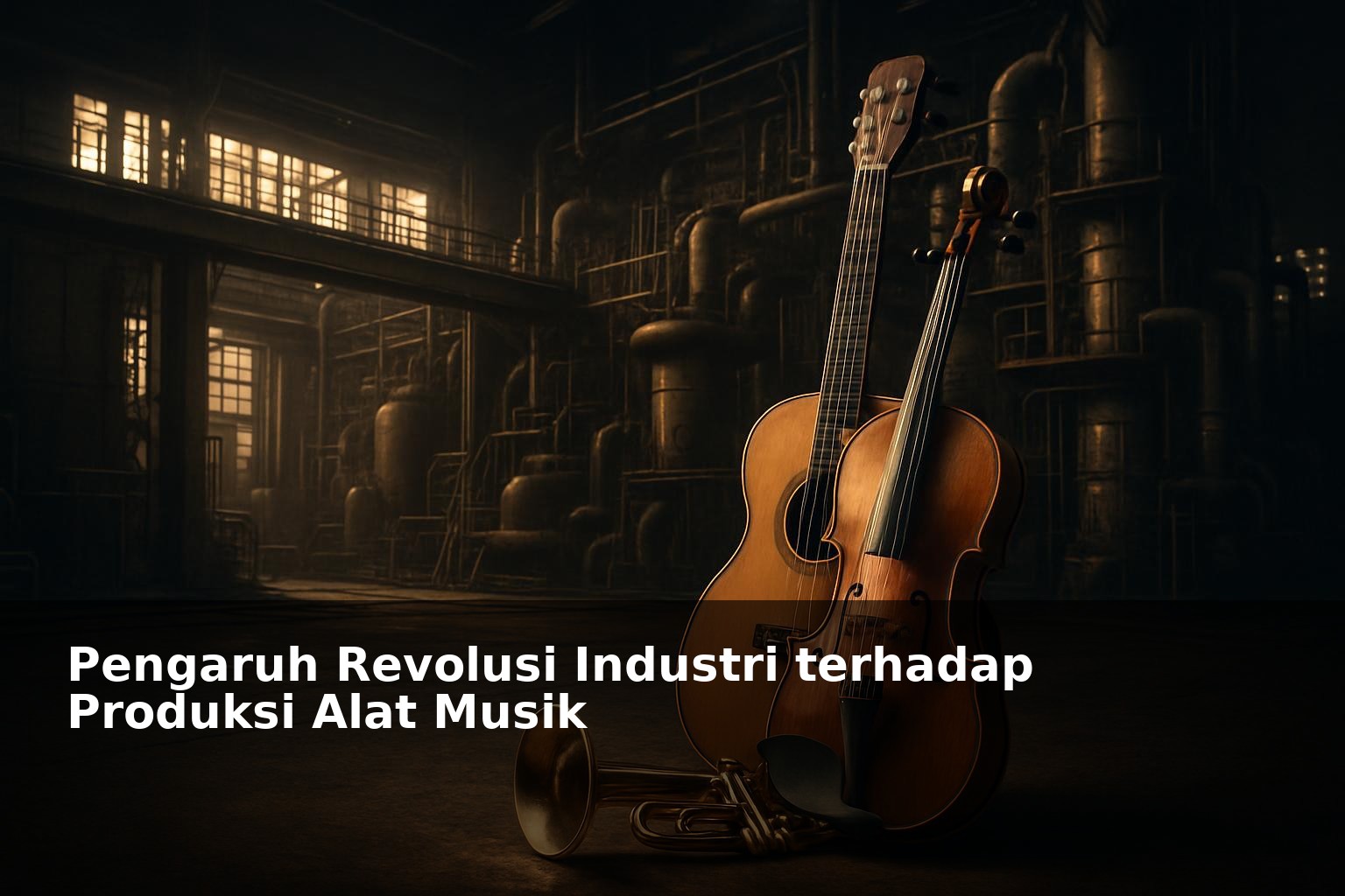 Ilustrasi alat musik klasik dan modern dengan latar pabrik industri