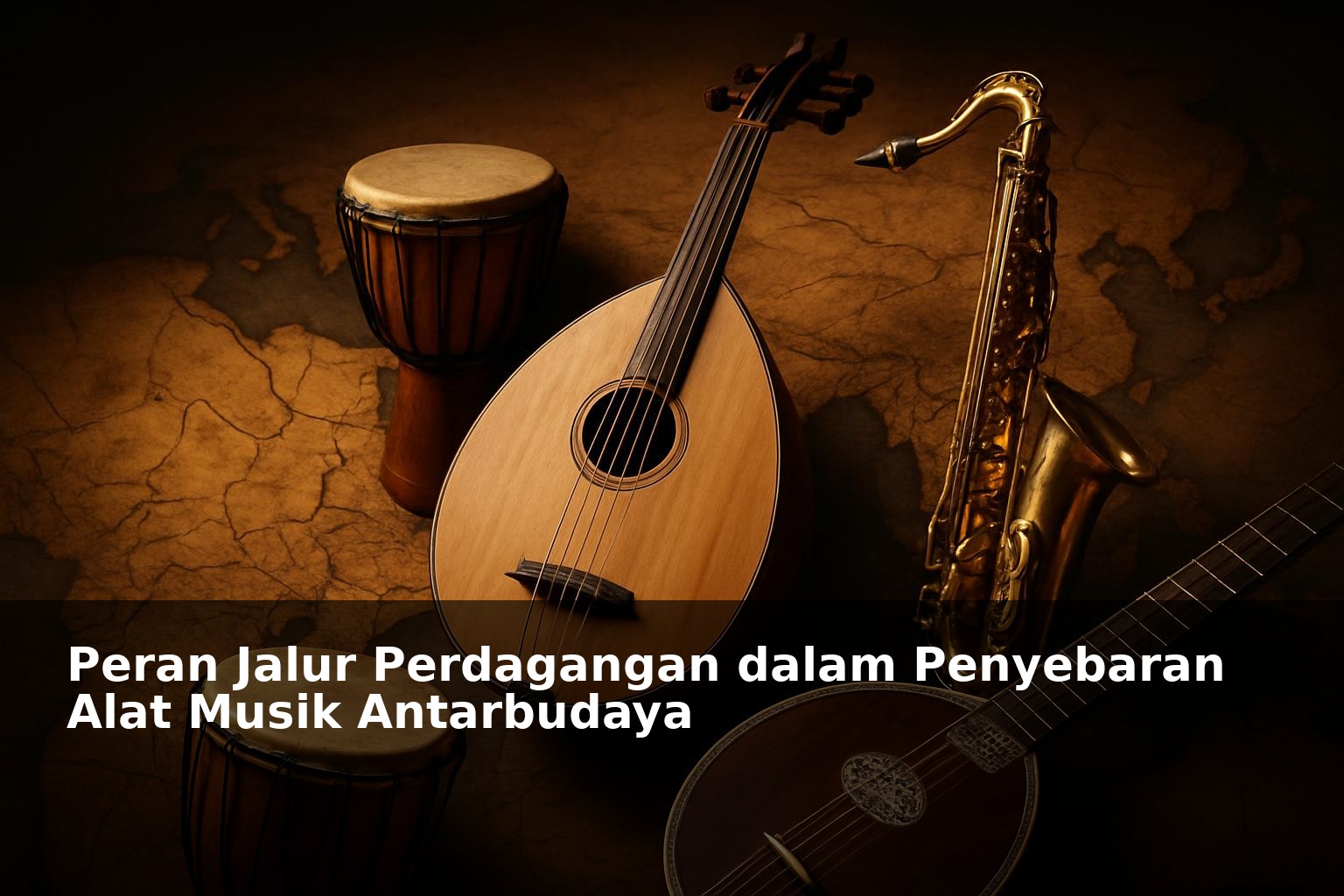 Ilustrasi jalur perdagangan kuno dengan alat musik tradisional dari berbagai budaya