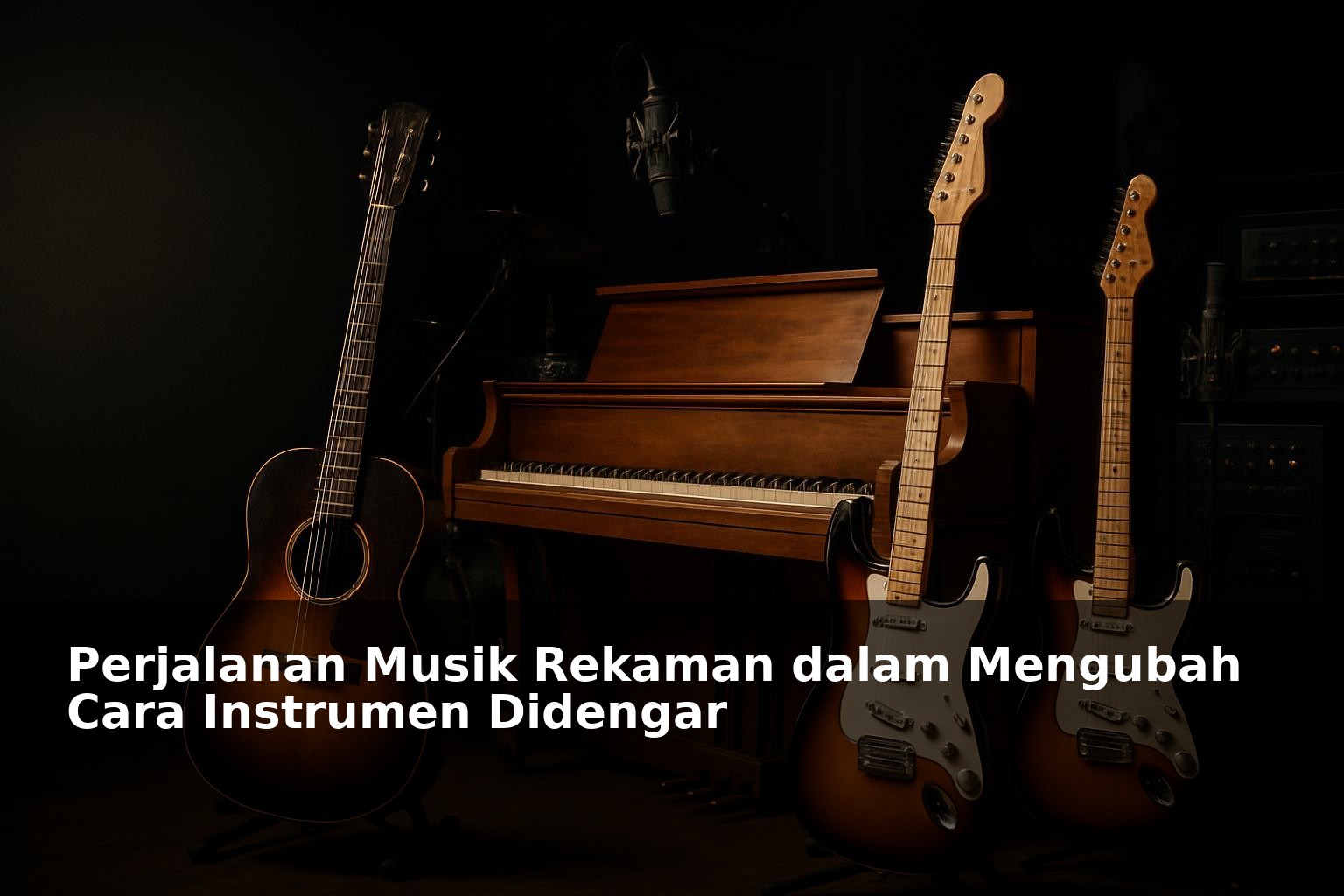 Alat musik klasik dan modern dengan peralatan rekaman audio di studio