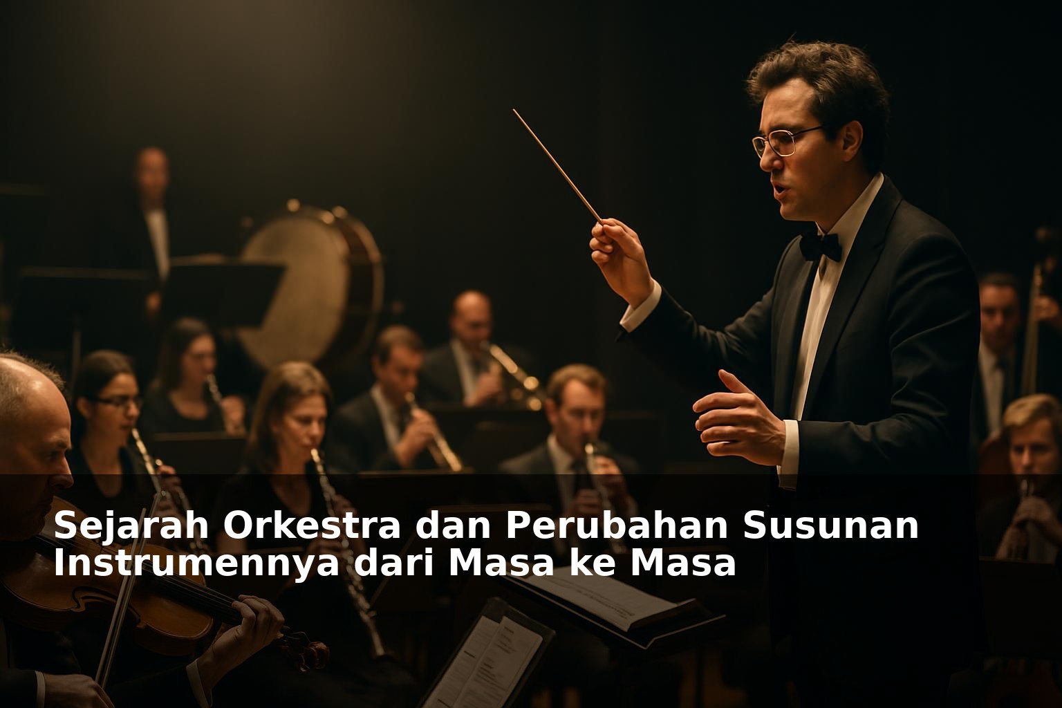 Ilustrasi orkestra klasik dengan berbagai instrumen musik