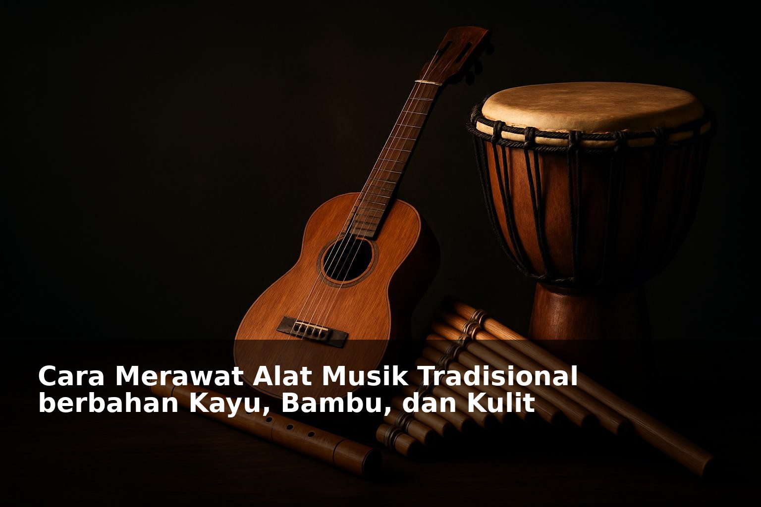 Alat musik tradisional berbahan kayu, bambu, dan kulit yang dirawat dengan baik