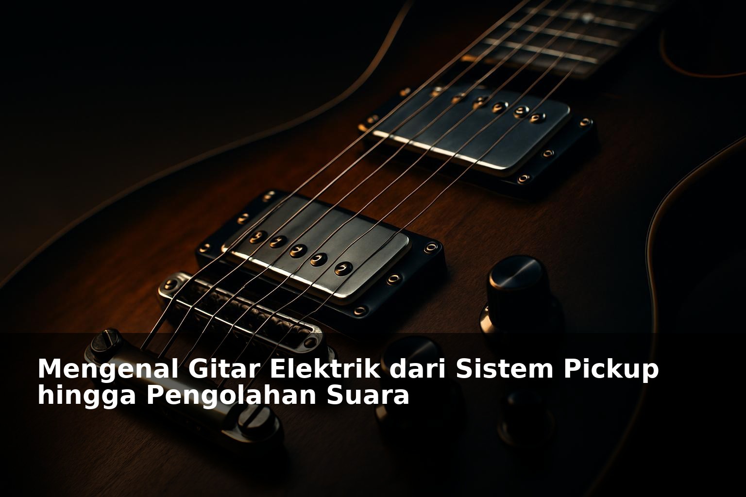 Close-up gitar elektrik dengan fokus pada sistem pickup dan kontrol suara