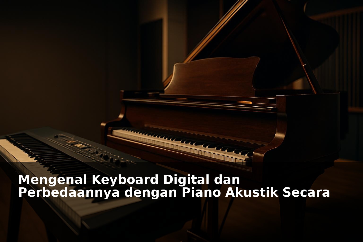 Keyboard digital dan piano akustik berdampingan di studio musik