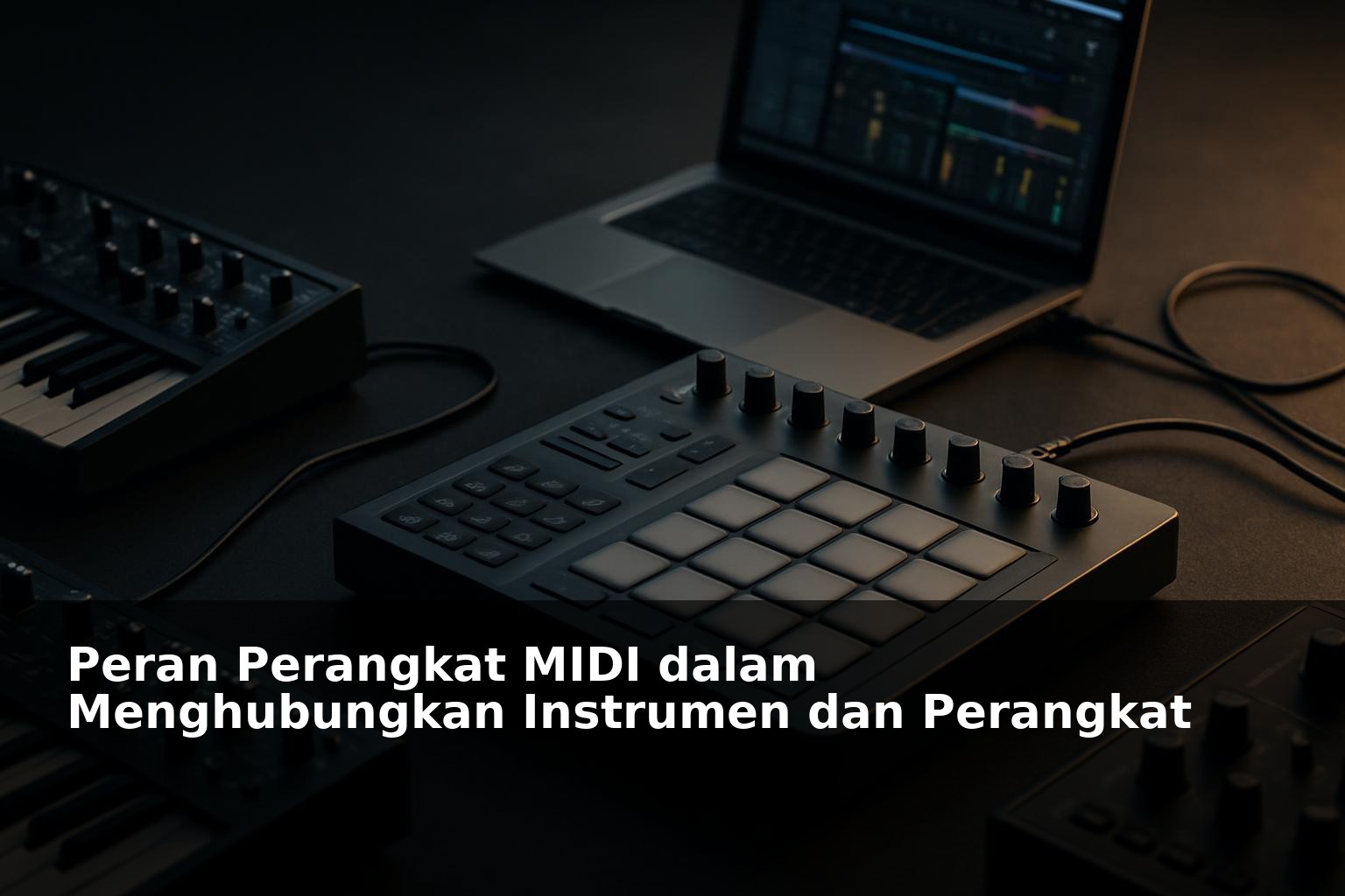 Ilustrasi perangkat MIDI terhubung dengan instrumen musik dan perangkat lunak digital
