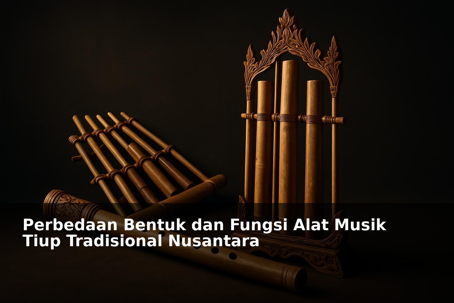 Berbagai alat musik tiup tradisional Nusantara dengan latar budaya Indonesia